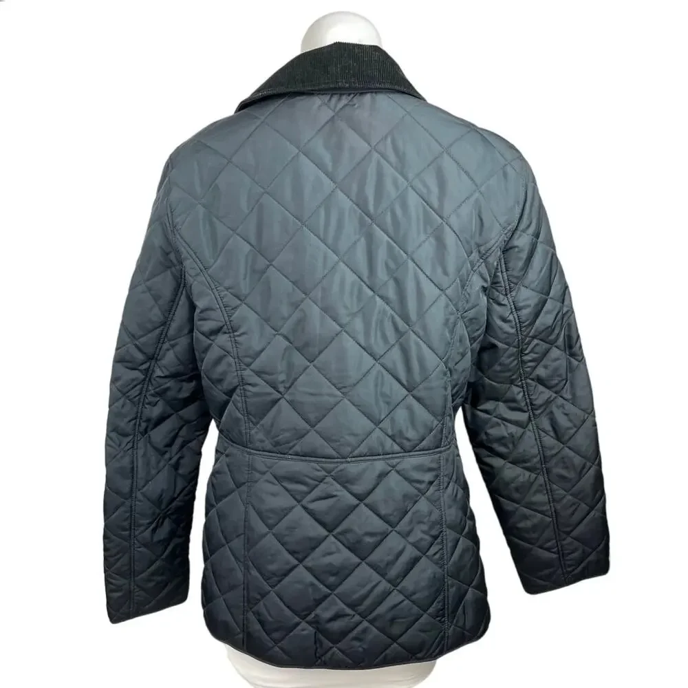 Charter Club Navy Corduroy Trim Snap Buttons Quilted Puffer Coat Jacket Sz M